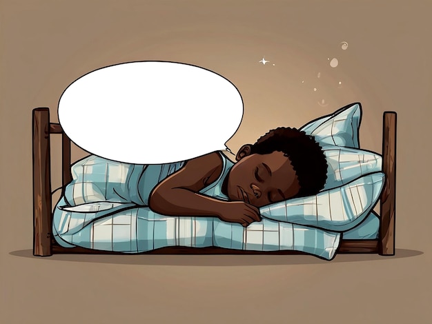 Vetor menino africano isolado a dormir com um vetor de sonho de bolha de fala em branco