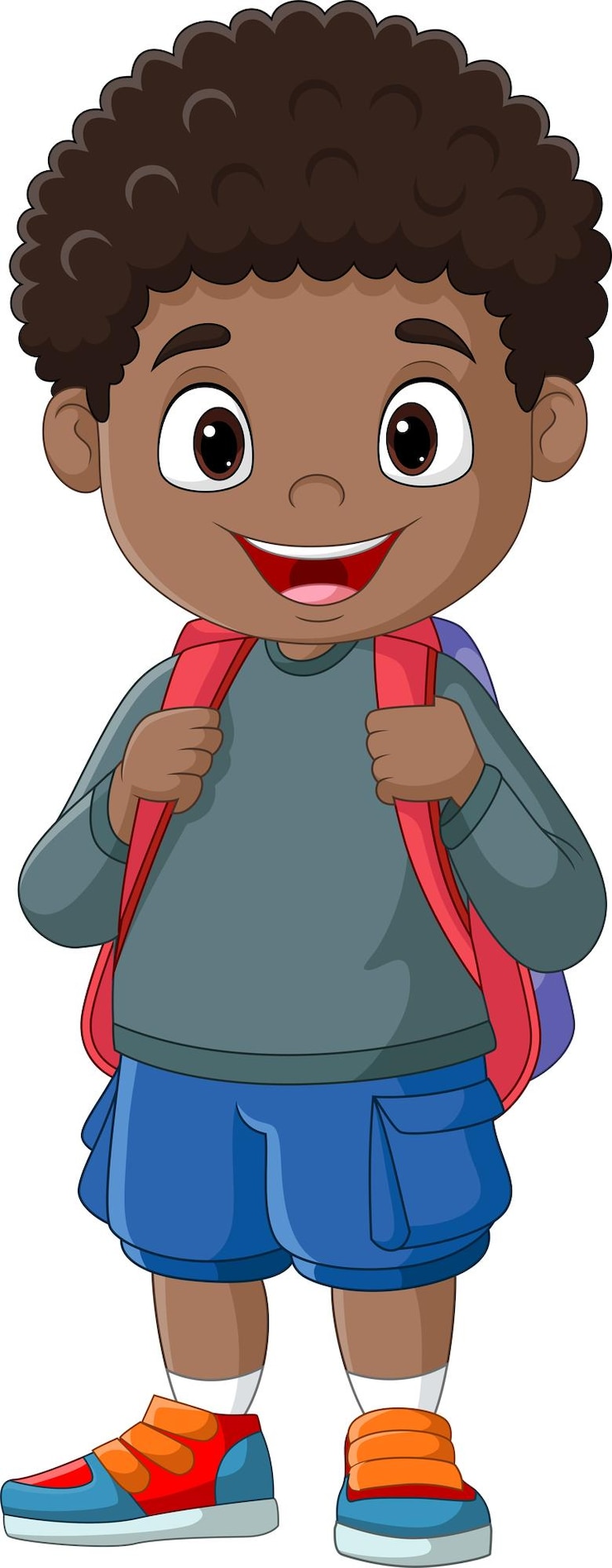 Vetor menino afro-americano de desenho bonito com mochila escolar
