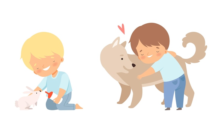 Vetor menino alimentando lebre com leite e abraçando um cão vector set