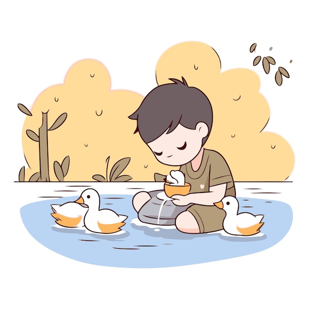 Vetor menino alimentando patos na lagoa ilustração vetorial de desenho animado