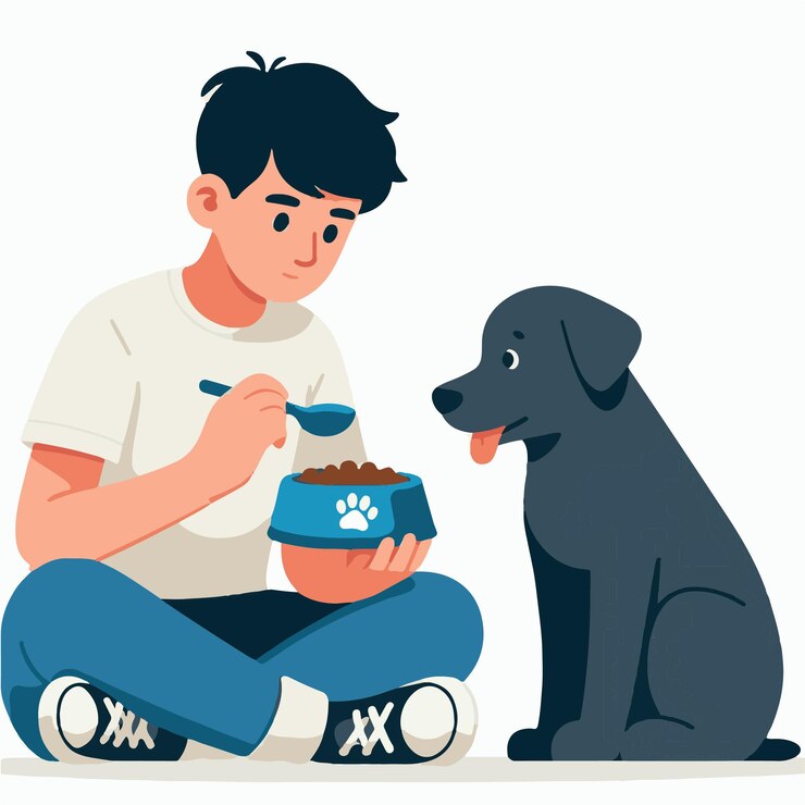 Vetor menino alimentando seu cachorro