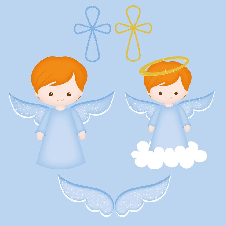 Vetor menino anjo bonito com asas em roupa azul com cabelo ruivo