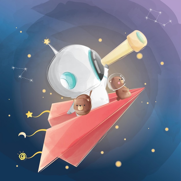 Menino astronauta usando um telescópio