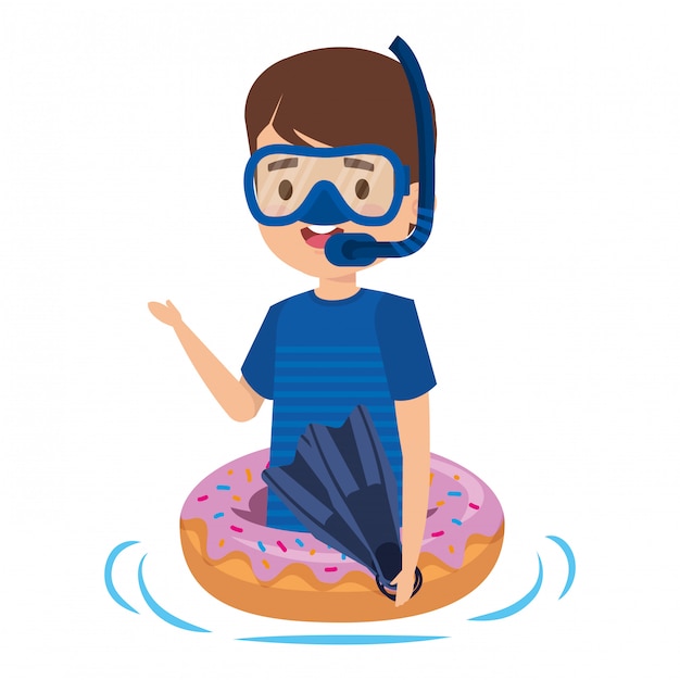 Menino bonitinho com flutuador de donut e snorkel