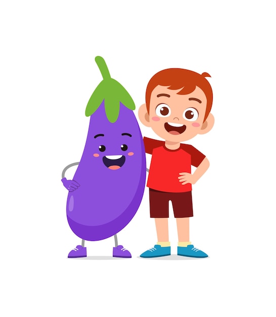Menino bonitinho com personagem de berinjela