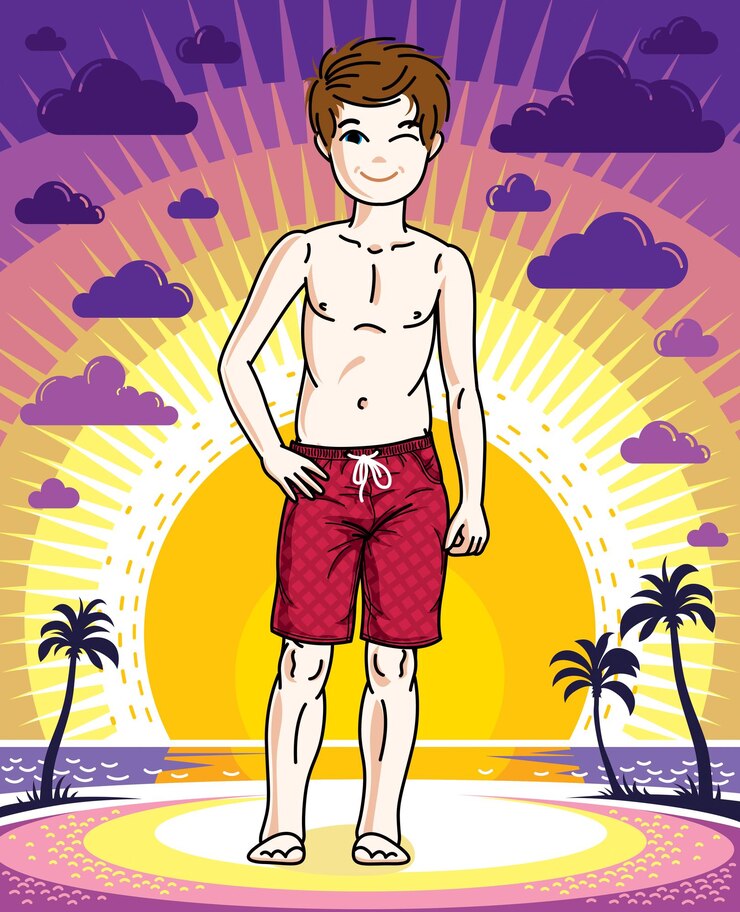 Vetor menino bonitinho de pé em shorts de praia vermelhos elegantes. vector ilustração humana muito agradável. desenho animado do tema moda e estilo de vida.