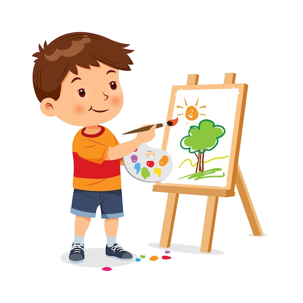 Menino bonitinho feliz fazendo arte ilustração vetorial