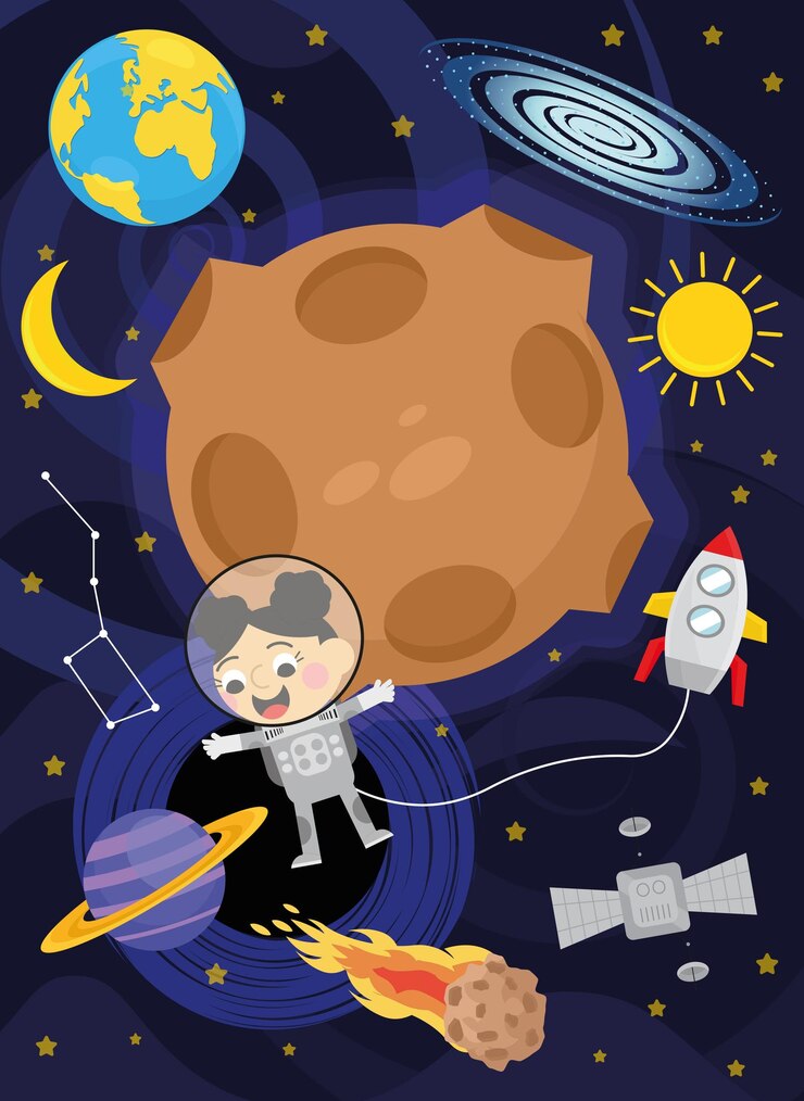 Vetor menino bonito astronauta e nave espacial