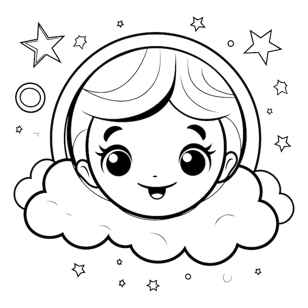 Vetor menino bonito com lua e estrelas kawaii desenho de ilustração vetorial de personagens