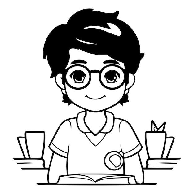 Vetor menino bonito com óculos lendo um livro ilustração de desenho animado vetorial