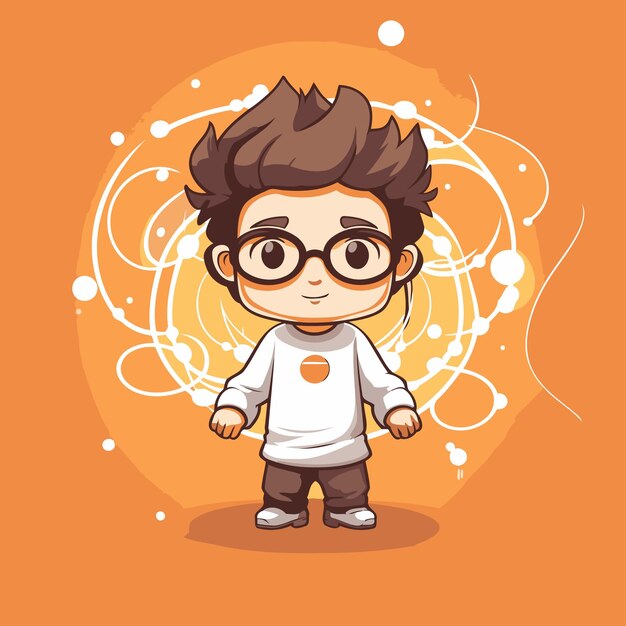 Vetor menino bonito com óculos personagem de desenho animado ilustração vetorial isolada em fundo laranja