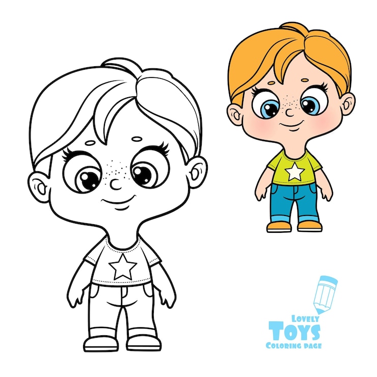 Vetor menino bonito da boneca dos desenhos animados em calças de ganga delineadas e cor para livro de colorir