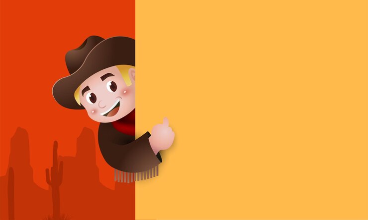 Vetor menino bonito dos desenhos animados vestindo fantasia de cowboy ocidental com grande tabuleta.
