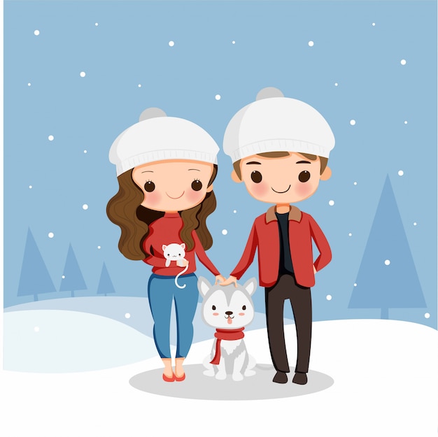 Menino bonito e menina com cachorro e gato gostam de jogar neve no feriado de natal