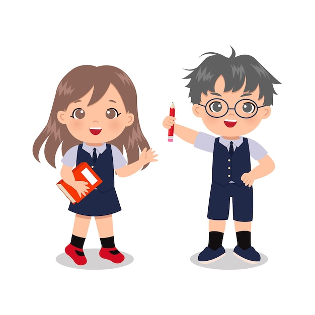 Menino bonito e menina com uniforme escolar. clip-art educacional. desenho isolado em branco