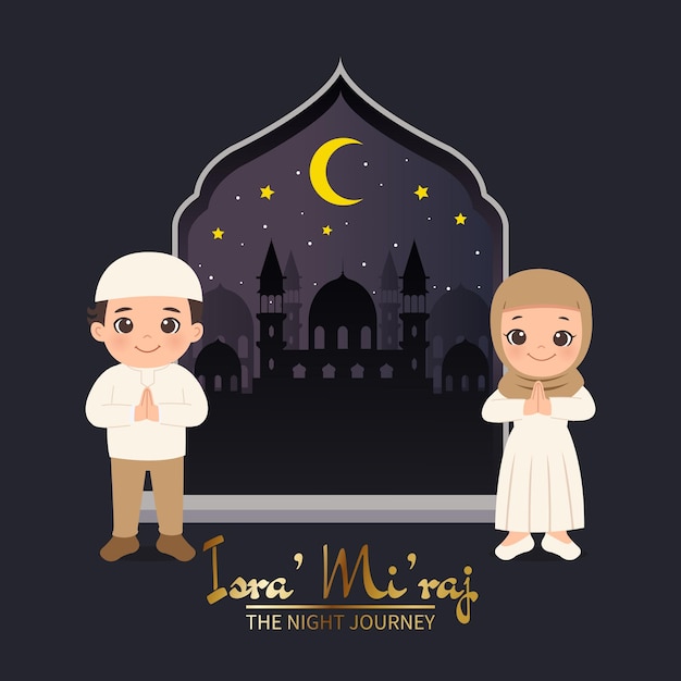 Menino bonito e menina em pose de hijab para saudação de isra miraj. o feriado de celebração islâmica de viagem noturna. design plano.