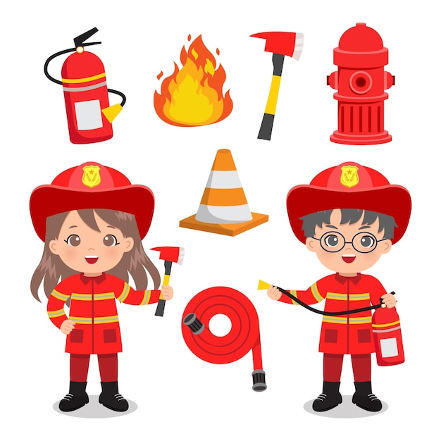 Vetor menino bonito e menina em uniforme de bombeiro com conjunto de clipart de emergência de incêndio.