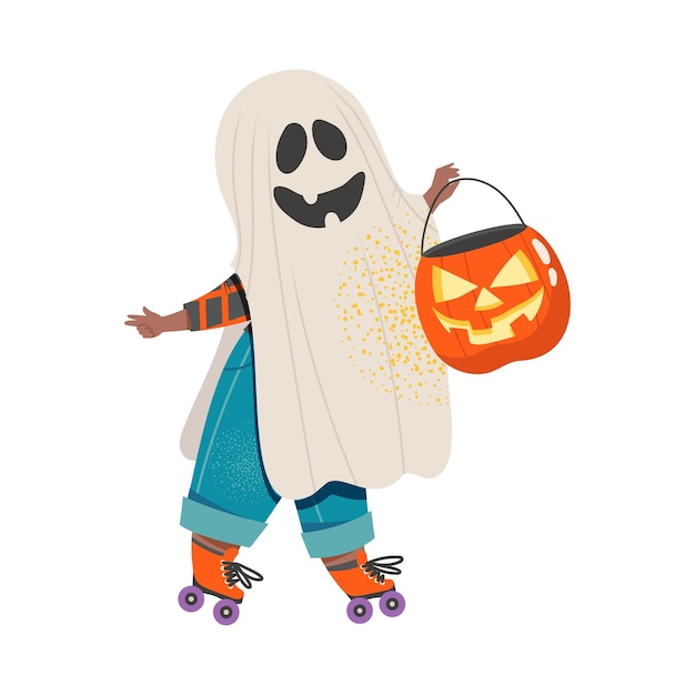 Vetor menino bonito em traje de halloween criança vestida como fantasma festa de festa de halloween feliz com criança truque ou tratamento em patins ilustração vetorial de desenho animado