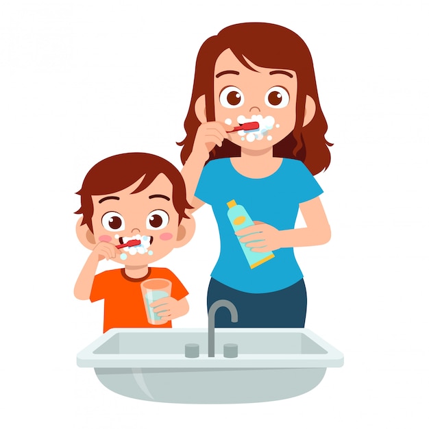 Vetor menino bonito garoto feliz escovar os dentes com a mãe