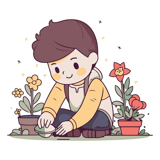 Vetor menino bonito plantando flores no jardim ilustração de desenho animado vetorial