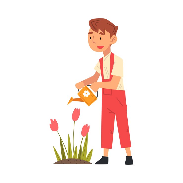 Vetor menino bonito regando flores de tulipa no jardim com ilustração vetorial da lata de regar