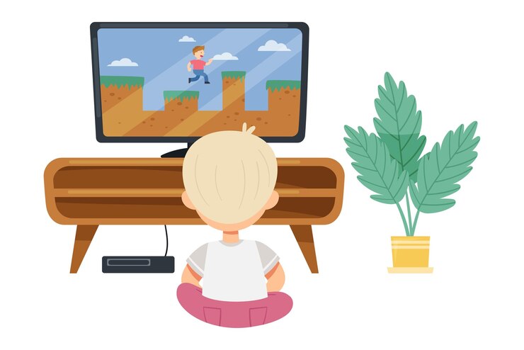 Vetor menino bonito sentado com um gamepad no chão e jogando ilustração vetorial de videogame