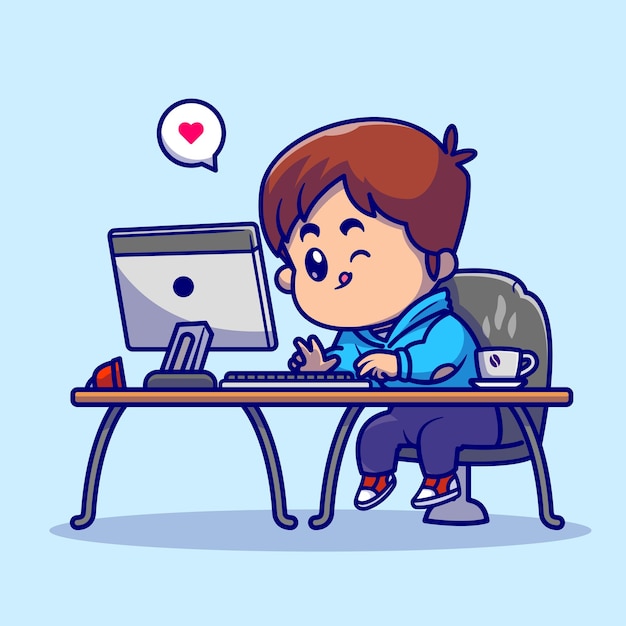 Menino bonito, trabalhando na ilustração do ícone do vetor dos desenhos animados do computador. conceito de ícone de tecnologia de pessoas isolado vetor premium. estilo flat cartoon