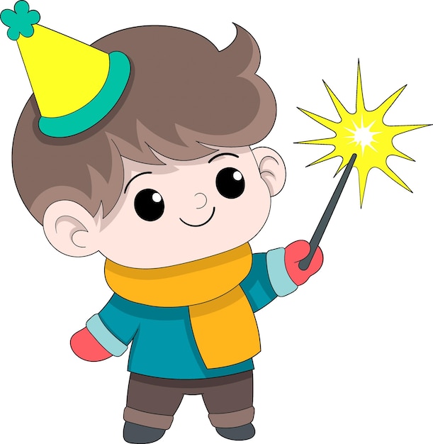 Menino bonito usando chapéu de festa segurando faísca para celebração de aniversário