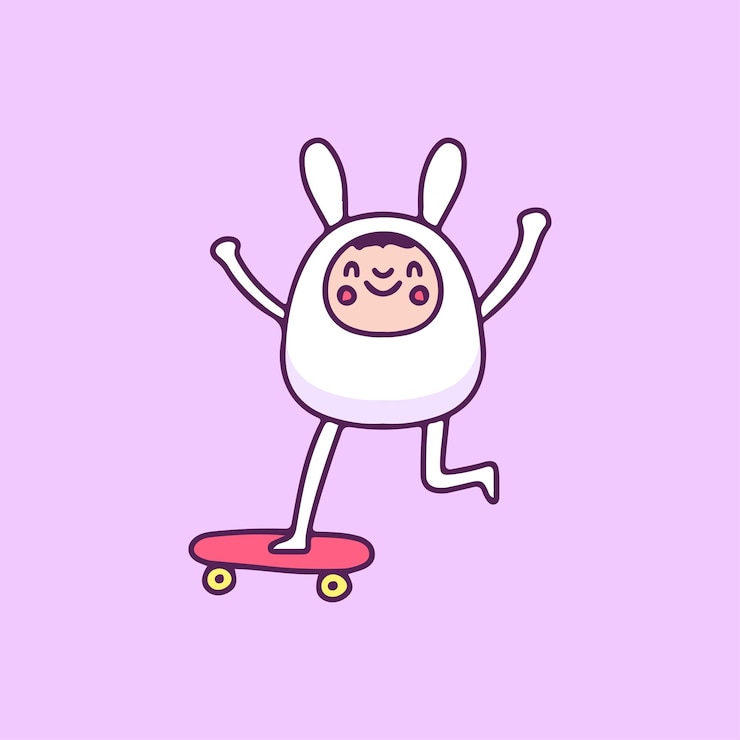 Vetor menino bonito vestindo fantasia de coelho andando de skate, ilustração para t-shirt, adesivo.