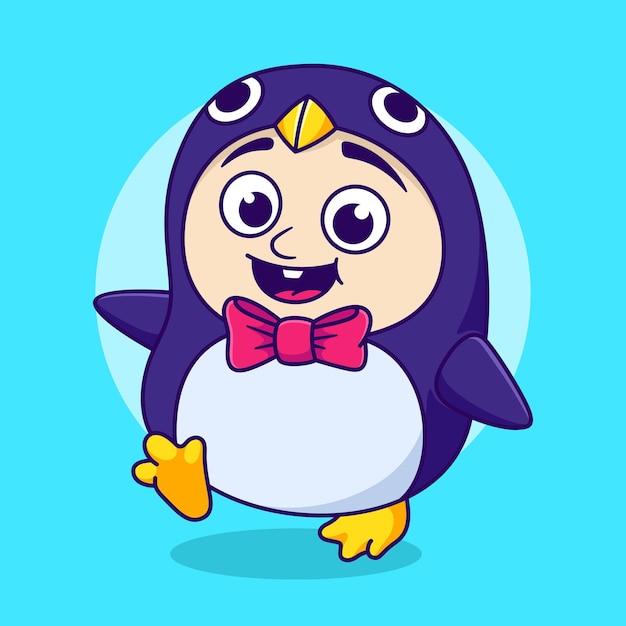 Menino bonito vestindo fantasia de pinguim