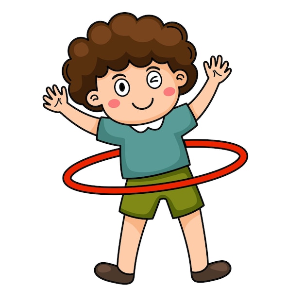 Menino brinca com anel de hula hoop girando e rolando no vetor da cintura