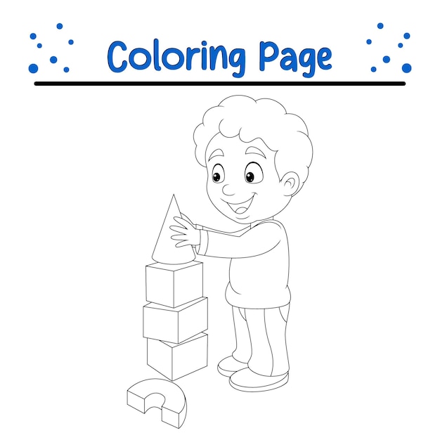 Vetor menino brincando com blocos de construção página de coloração