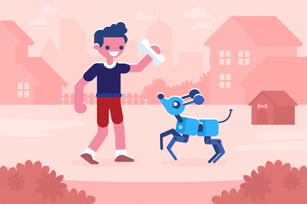 Menino brincando com cachorro cibernético Conceito de inteligência artificial