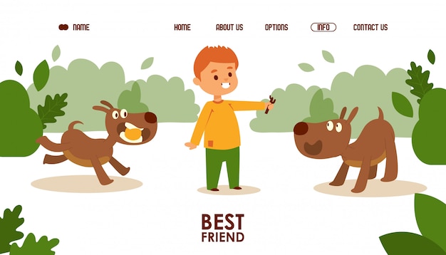 Menino brincando com cachorros. modelo de página de destino, design do site. personagens de desenhos animados bonitos, divertida atividade com animais de estimação. dog is boys best friend