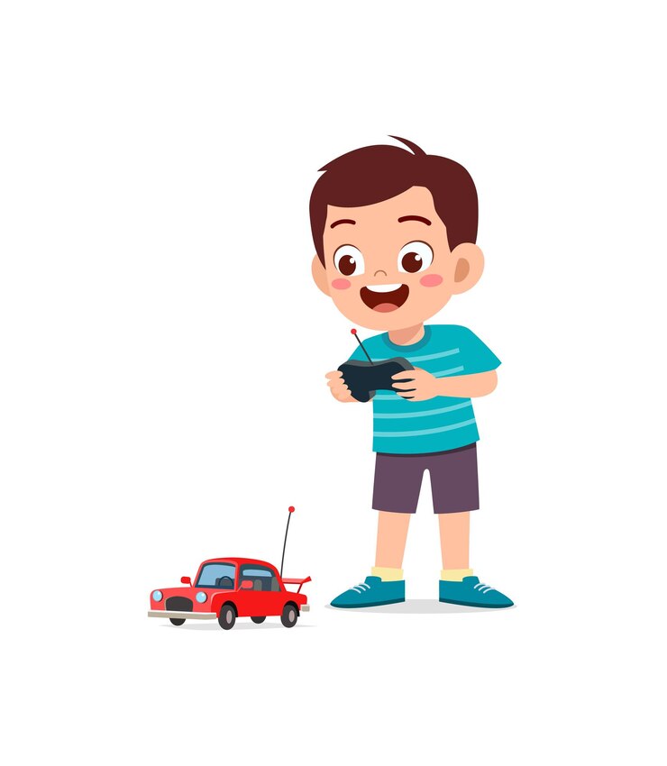 Vetor menino brincando com um carrinho de brinquedo com controle remoto