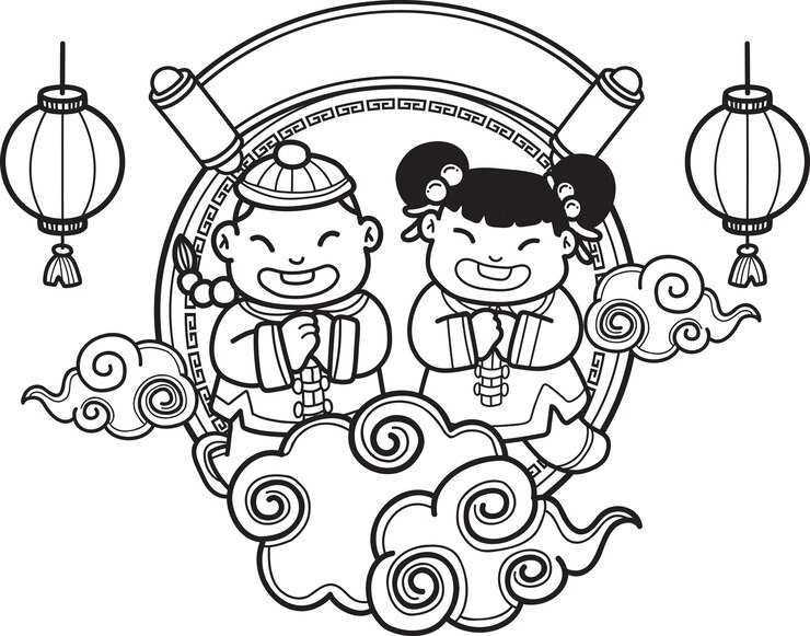 Vetor menino chinês desenhado à mão e menina sorrindo e ilustração feliz
