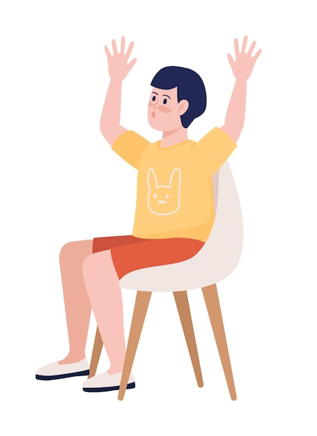 Menino com as mãos para cima personagem de vetor de cor semi plana figura sentada pessoa de corpo inteiro em branco celebração festiva ilustração de estilo de desenho animado simples para web design gráfico e animação