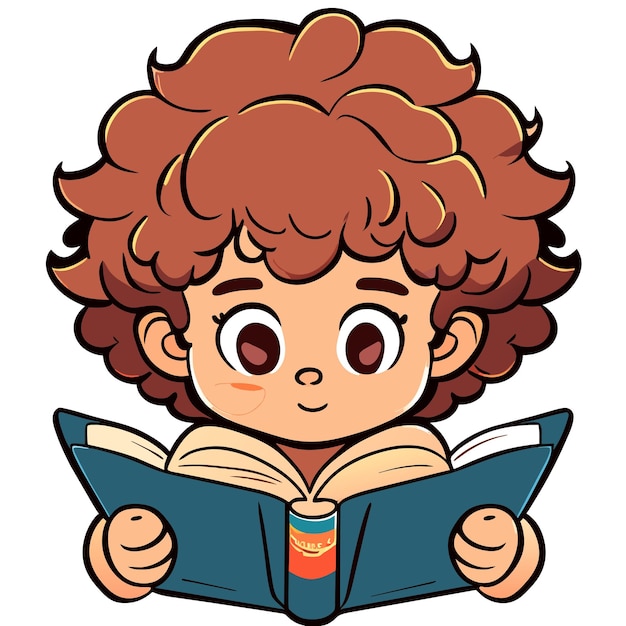 Vetor menino com cabelo encaracolado lendo uma ilustração de livro