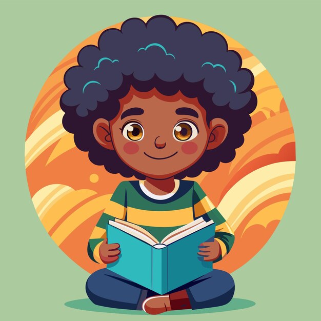 Vetor menino com cabelos encaracolados lendo um livro desenhado à mão mascote personagem de desenho animado adesivo ícone conceito isolado