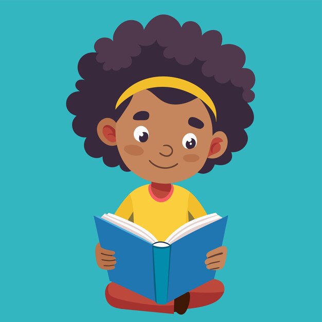 Menino com cabelos encaracolados lendo um livro desenhado à mão mascote personagem de desenho animado adesivo ícone conceito isolado