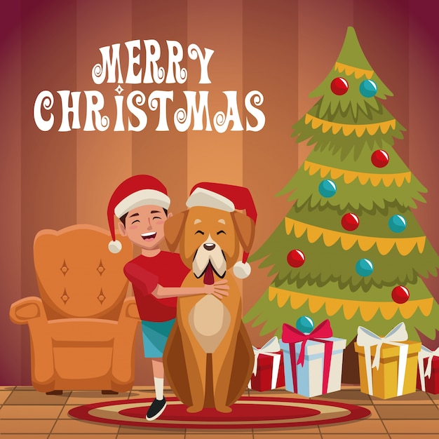 Menino com cachorro desenhos animados de natal