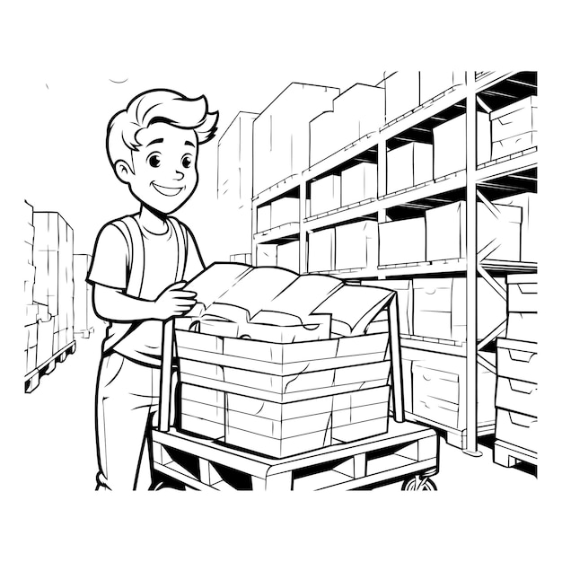 Vetor menino com caixas no armazém ilustração vetorial em preto e branco para livro de colorir