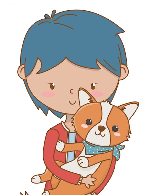 Menino, com, cão, caricatura, desenho