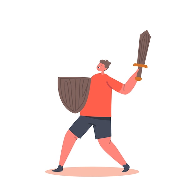 Menino com espada de madeira e escudo isolado no fundo branco. personagem de criança brincando de cavaleiro, enganando, se divertindo. imaginação infantil, jogos de papéis, desempenho. ilustração em vetor desenho animado