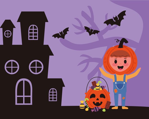 Menino com fantasia de abóbora de halloween