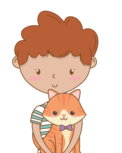 Menino, com, gato, caricatura, desenho