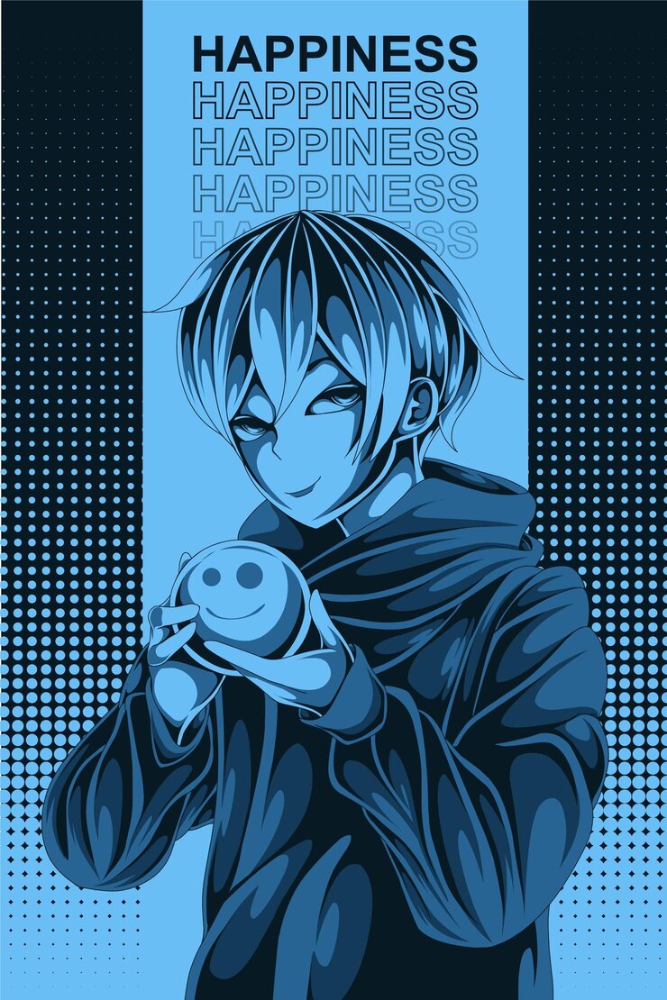 Vetor menino com ilustração de estilo retrô de meio-tom de anime de bola de sorriso