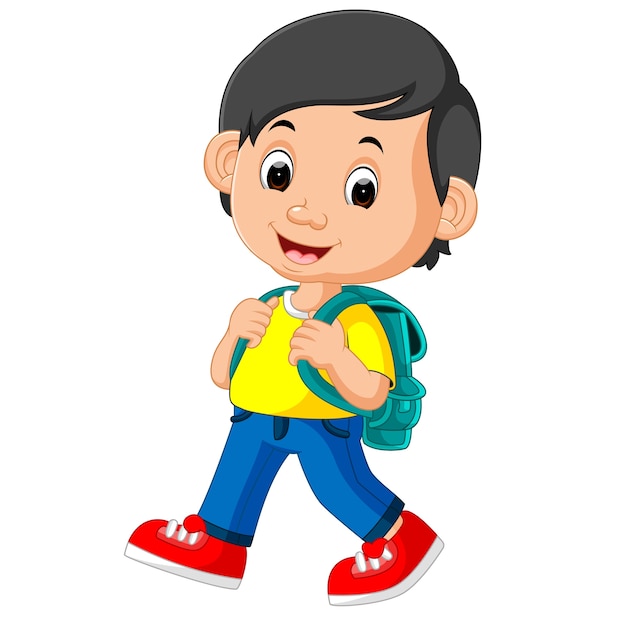 Menino, com, mochilas, caricatura