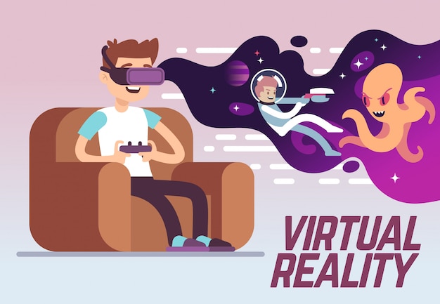 Menino com o auriculares que joga o jogo de simulação virtual da realidade 3d. conceito de vetor de entretenimento digital