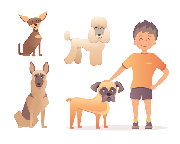 Menino com seu cachorro. ilustração em design plano.